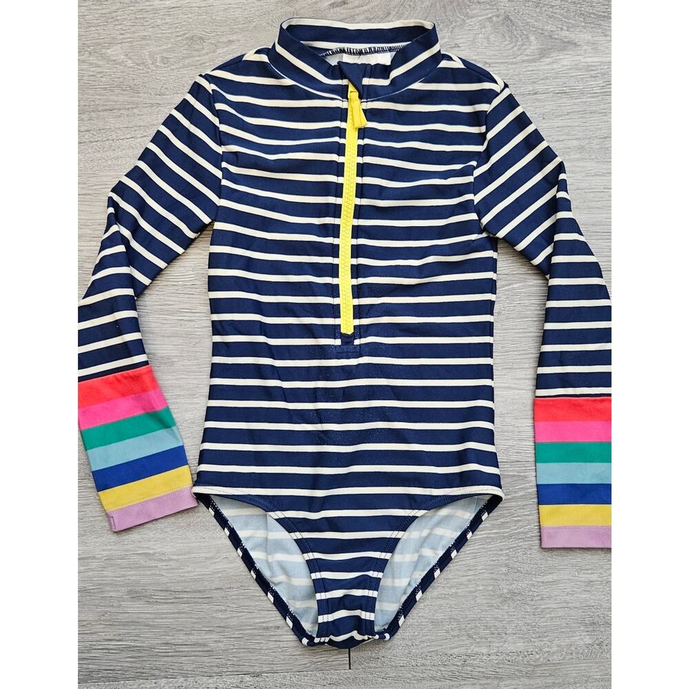 Boden Girl's Swimsuit Navy Rainbow Stripe Zip Long Sleeve Rashguard Size 5-6Y